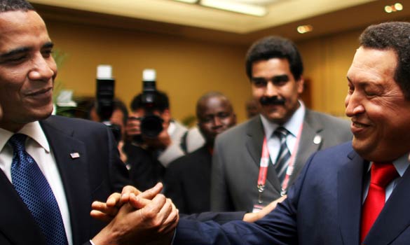 Barack Obama and Hugo Chavez shaking hands